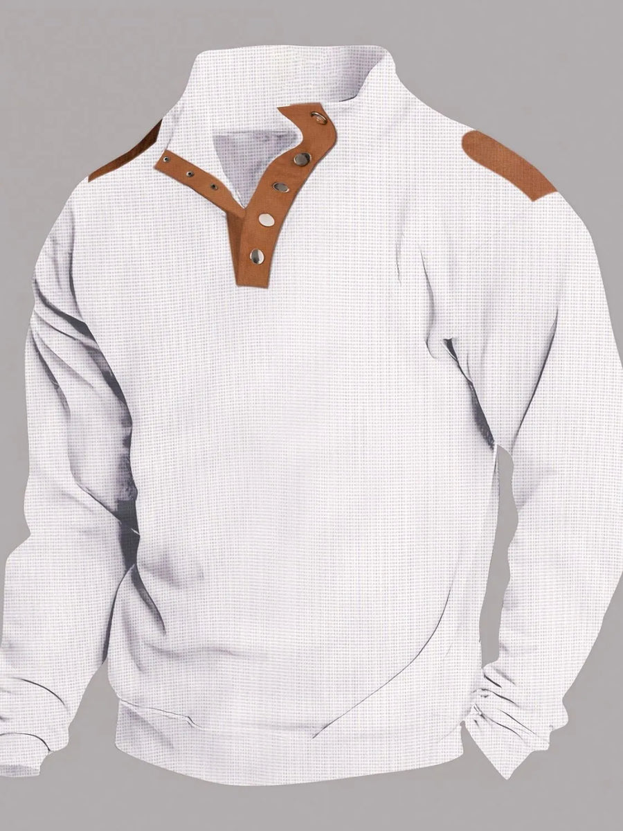 White waffle knit henley shirt with brown suede shoulder patches and collar accents.
