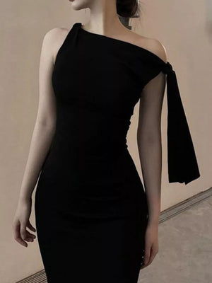 Black asymmetrical draped maxi dress with one shoulder and tie detail