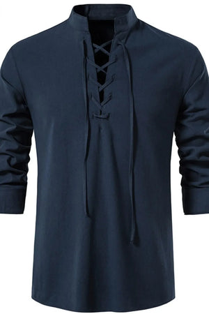 Peacock blue linen shirt with mandarin collar and lace-up detail