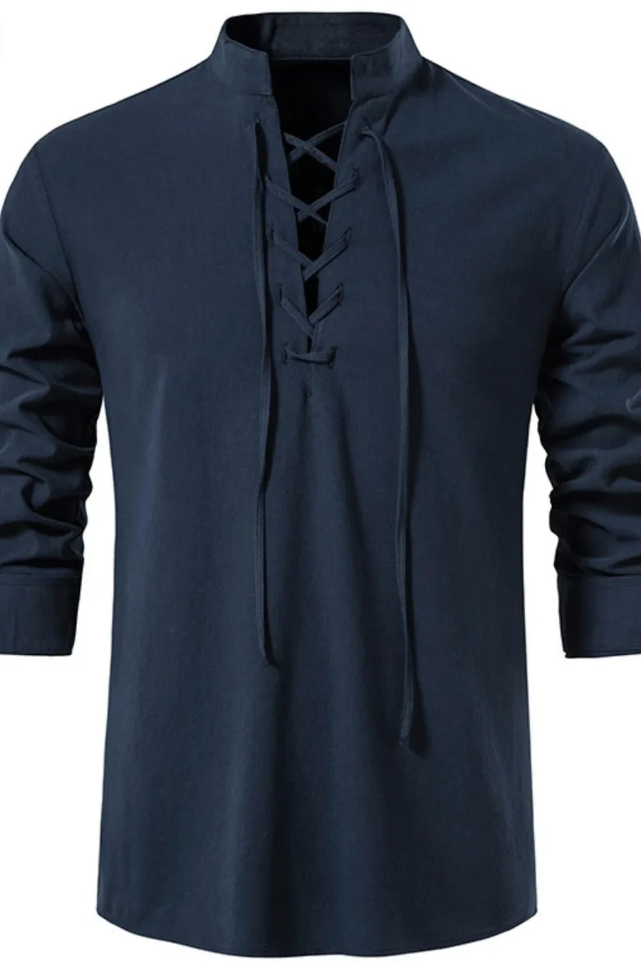 Peacock blue linen shirt with mandarin collar and lace-up detail