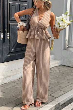 Chic striped two-piece set in camel with peplum top and wide-leg pants.