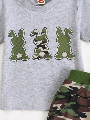 Gray cotton t-shirt with three camo bunnies and camo shorts.