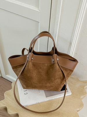 Leather Trim Medium Tote Bag in Khaki with top handles