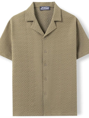 Textured resort collar shirt in moss with geometric pattern and button front.