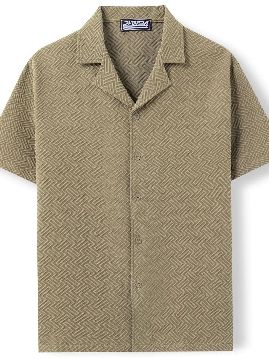 Textured resort collar shirt in moss with geometric pattern and button front.