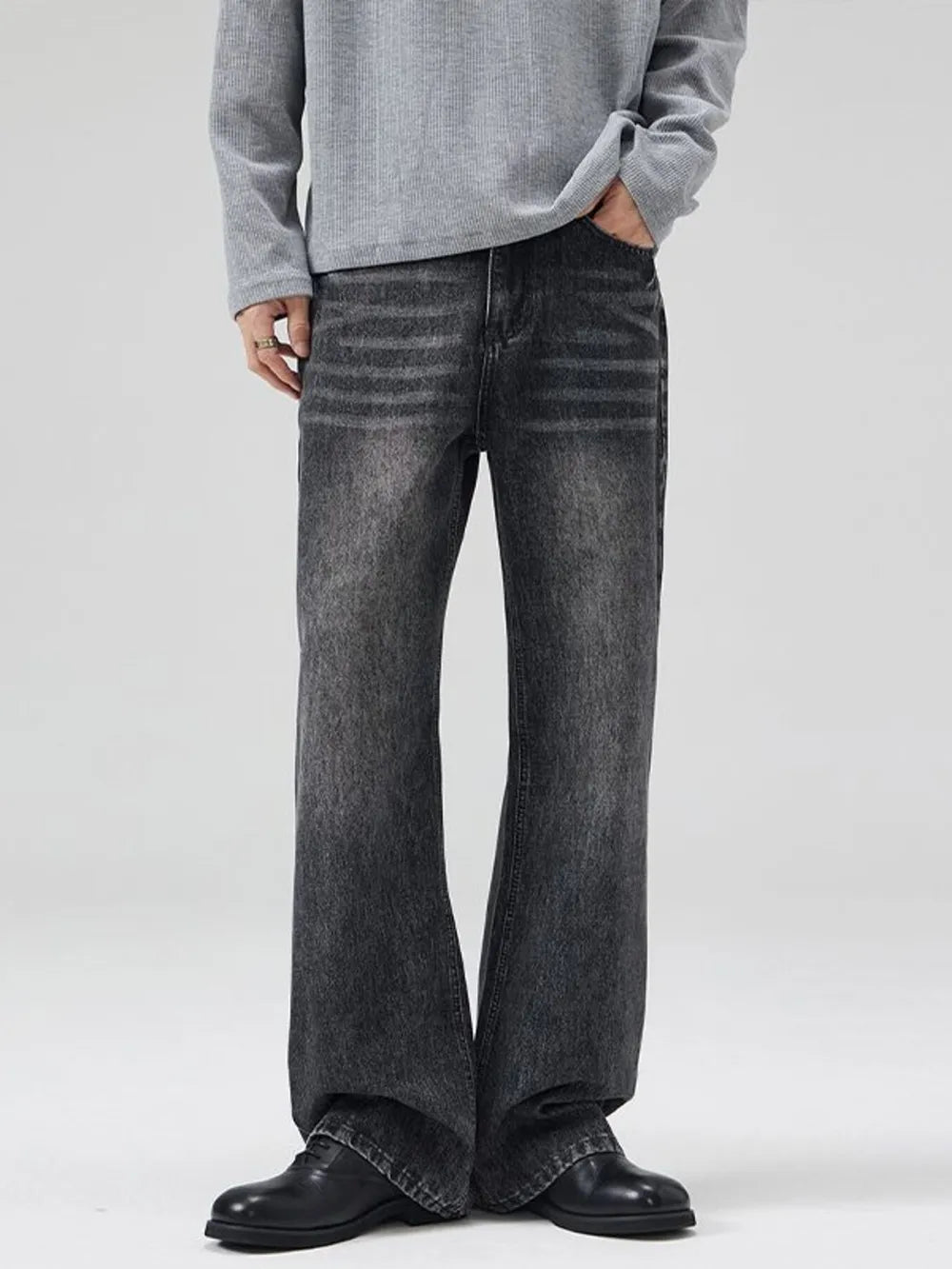 Dark Gray Men's Vintage Wash Flare Jeans Plus Size