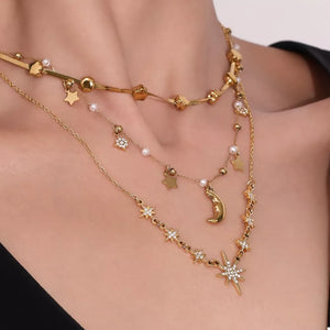 Style A necklace featuring layered design and celestial