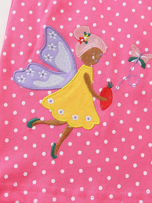 Baby dress with embroidered fairy, strawberry, and butterfly on pink polka dot cotton.