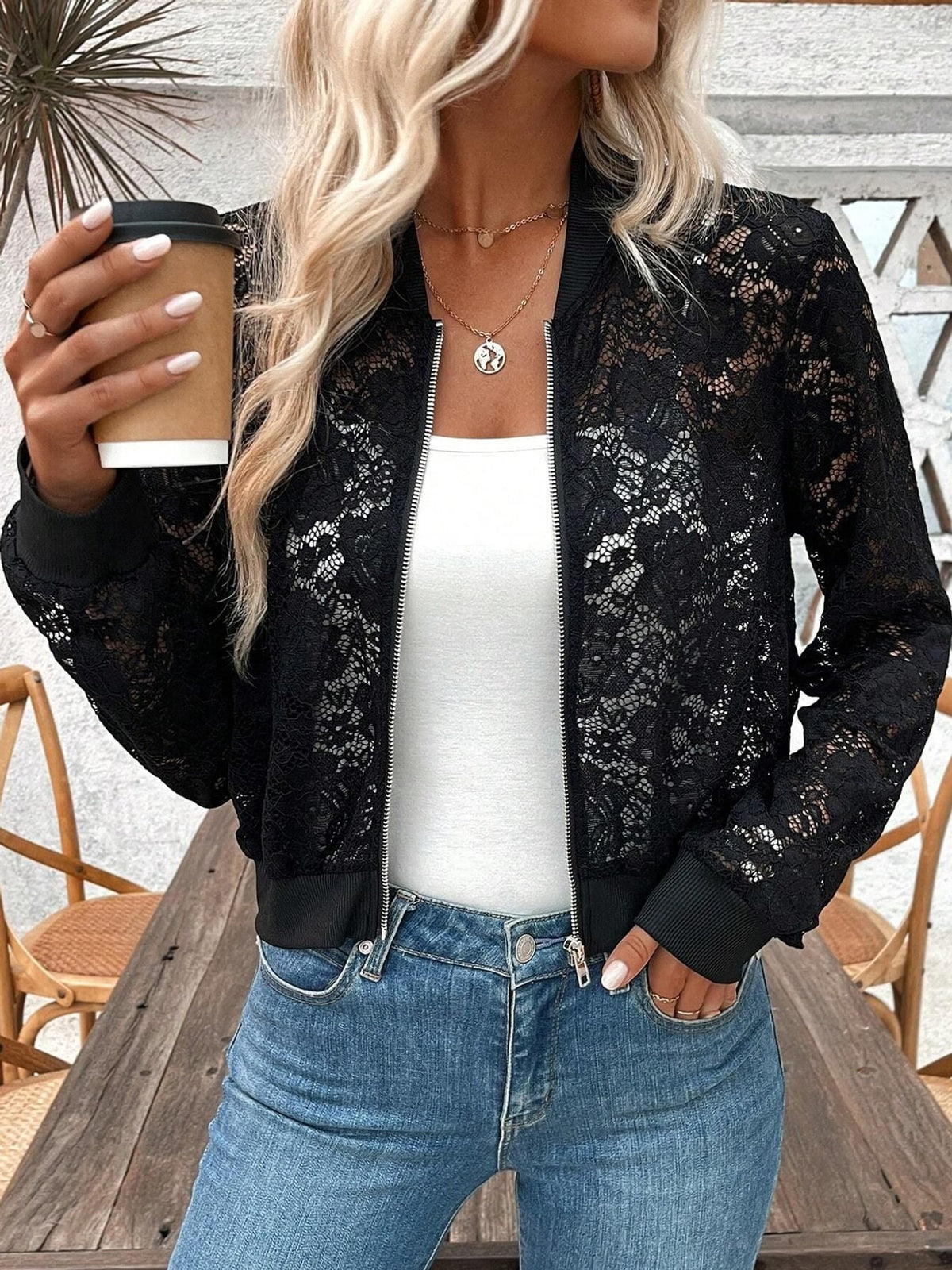 black bomber jacket with floral and collared