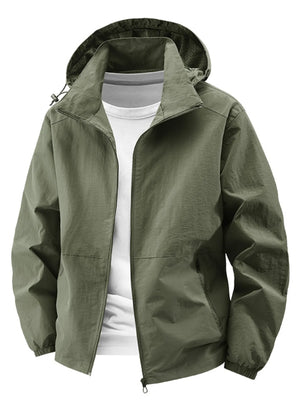 Army green hooded windbreaker jacket with zip front and pockets, worn over a white t-shirt.