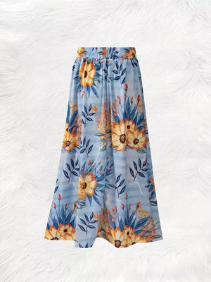 Blue floral print a-line skirt with elastic waist and horizontal stripes.