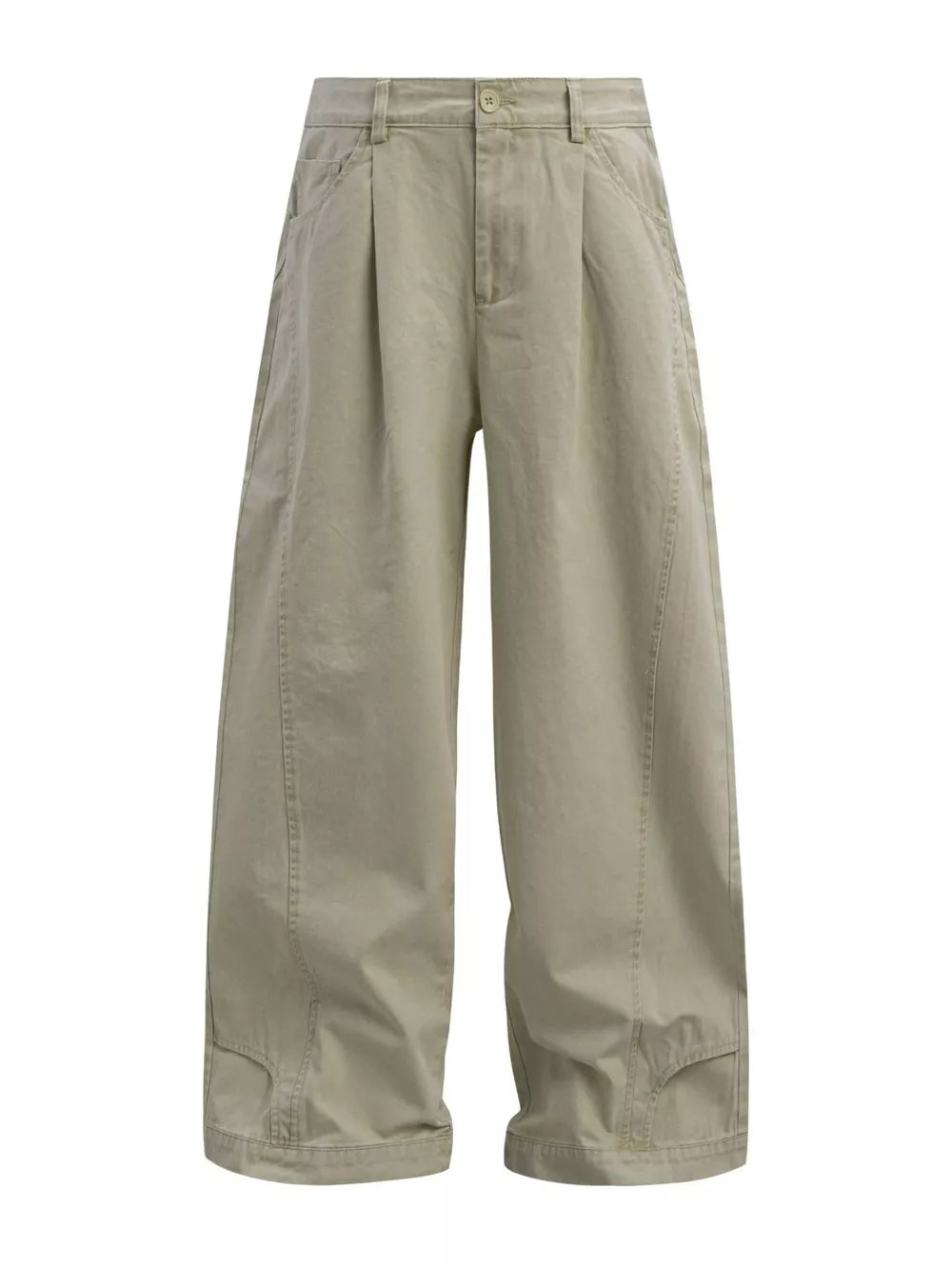 Khaki cotton sweatpants with wide legs, button closure, and belt loops.