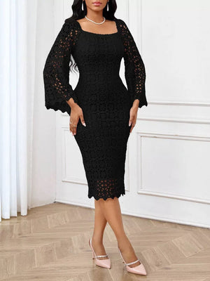 Black lace midi dress with square neckline and sheer bell sleeves.