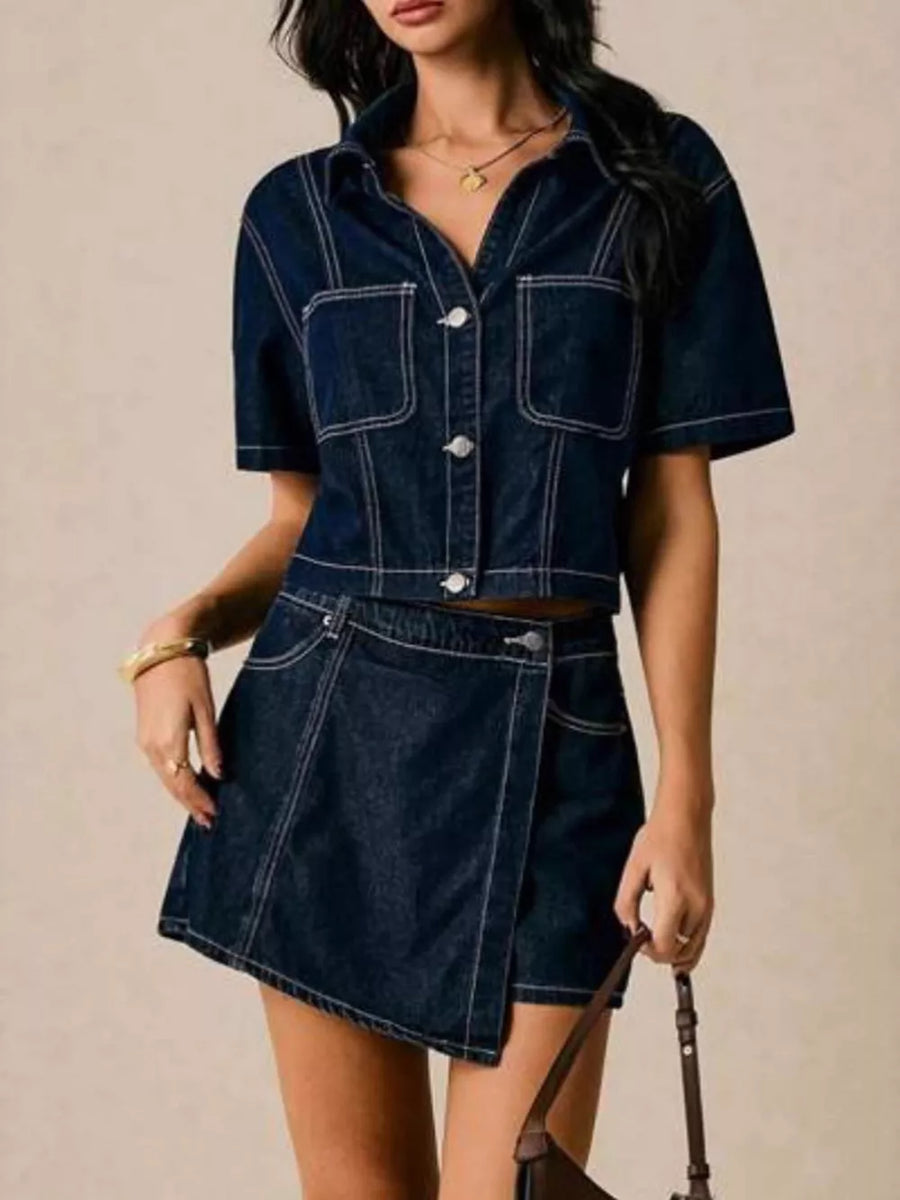 Dark blue cotton cropped button-up top and skort set with contrast stitching.