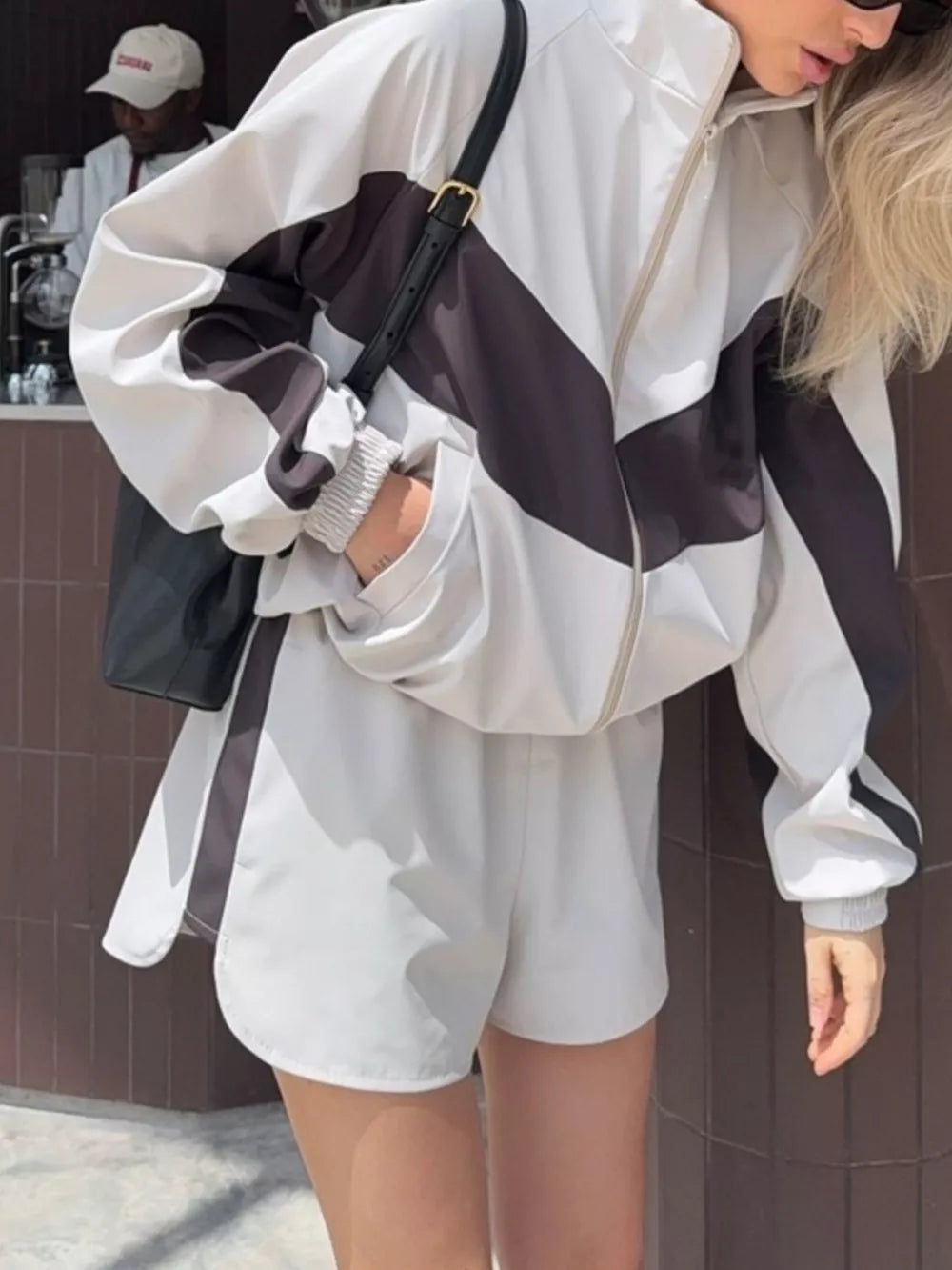 Black Color Block Zip Up Outerwear And Shorts Set