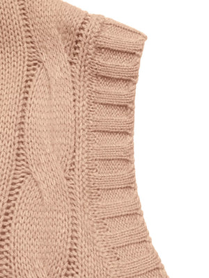 Pink cable knit sweater vest with ribbed trim and textured knit detail.