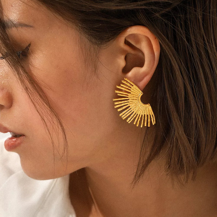 18k Gold-plated Stainless Steel Fan-shaped Earrings in Silver with textured