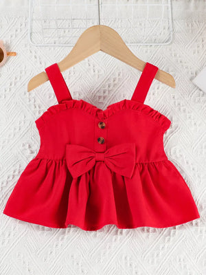 Red ruffle-trim baby top with bow and button detail