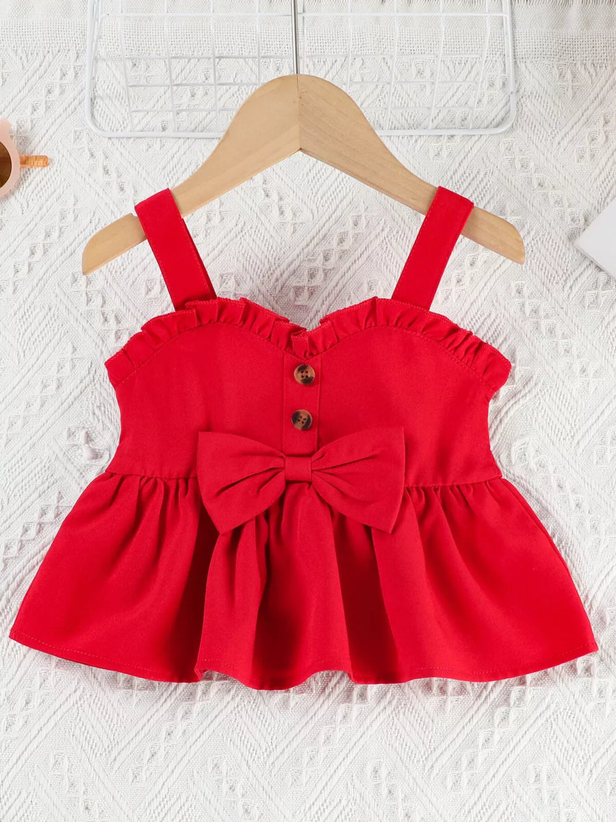 Red ruffle-trim baby top with bow and button detail