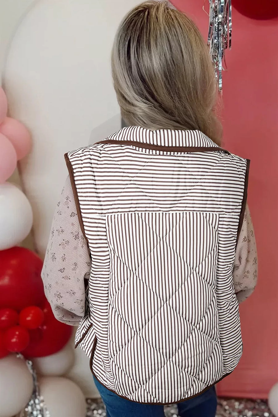 Dark Brown with Striped Quilted Snap Button Vest in Dark Brown