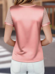 Pink V-neck satin t-shirt with sheer polka dot sleeves and satin trim