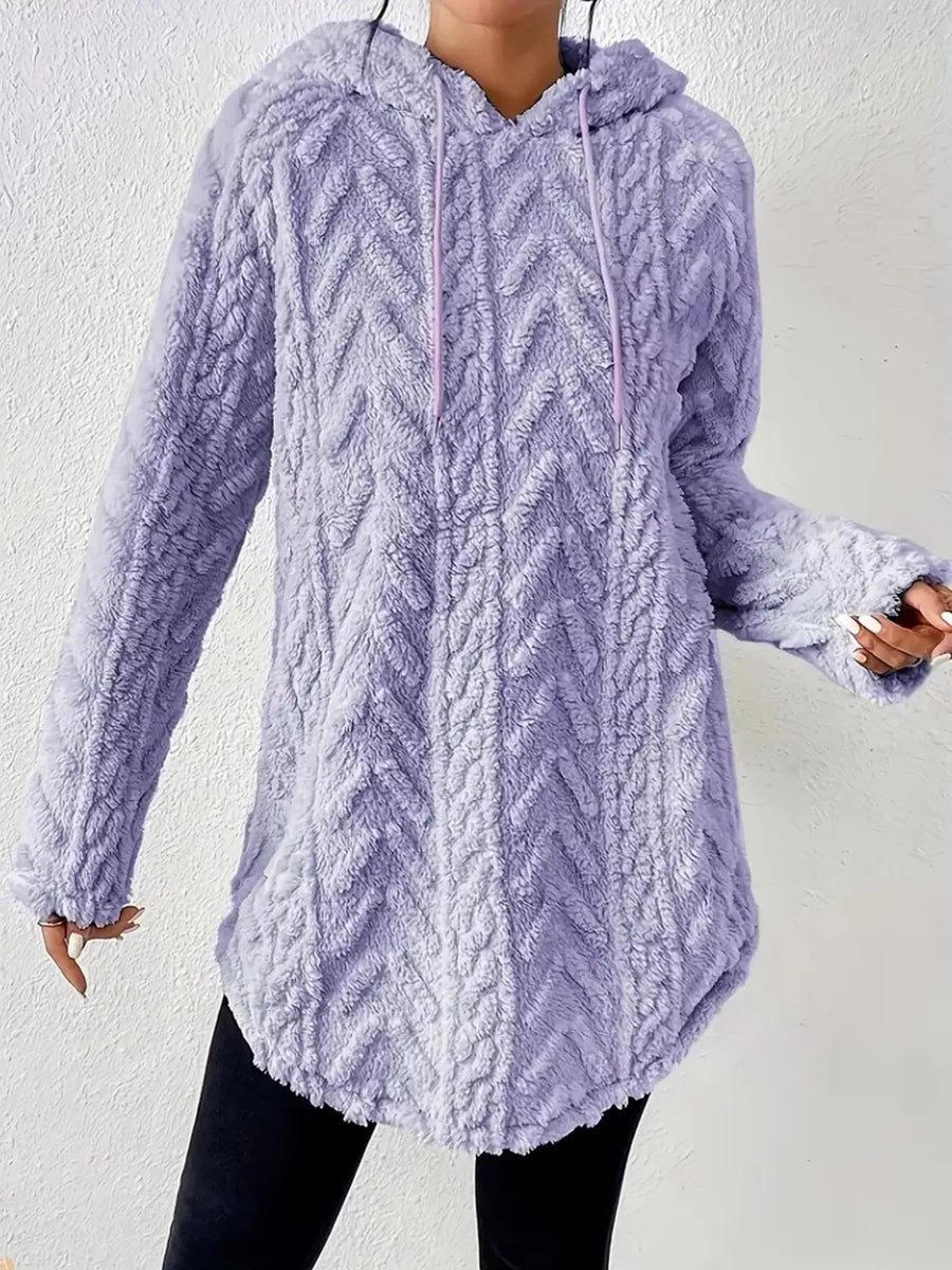 Purple textured drawstring fleece hoodie with chevron pattern and relaxed fit.