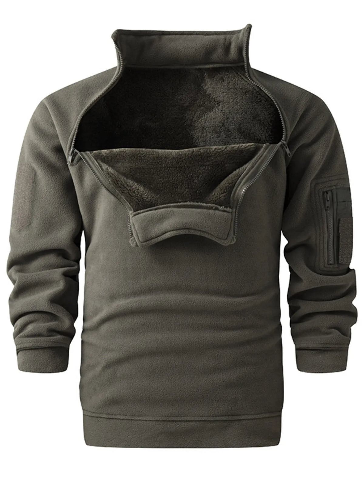 Military green fleece lined sweatshirt with quarter zip and chest pocket