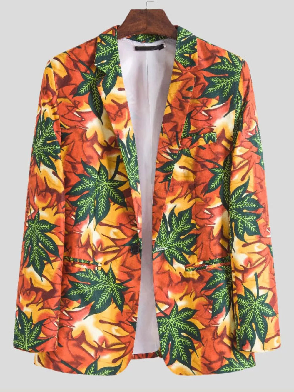 orange blazer with leaf-print and notch lapel