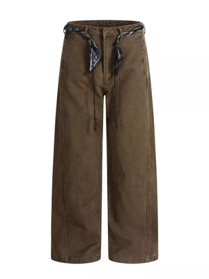 Belted wide-leg maternity pants in dark brown with patterned tie belt and beaded drawstring.