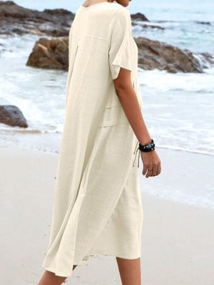 Earthy Yellow Full Size Casual Linen Blend Midi Dress
