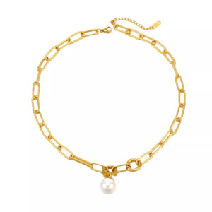18k Gold-plated Chain Pearl Necklace in ivory with 18K gold-plated