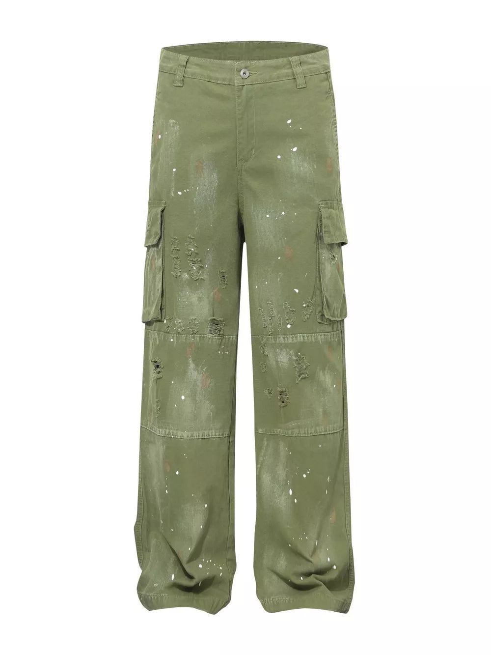 Green distressed cargo pants with paint splatters and ripped accents