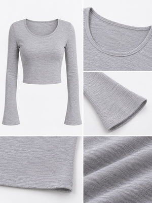 Slim-Fit Long Sleeve Cropped U-Neck T-Shirt in White with stretch