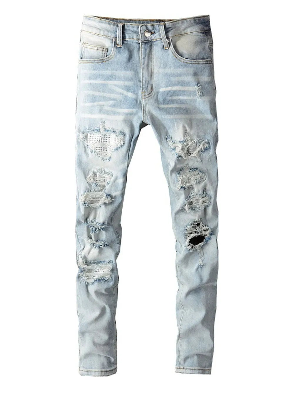 Light wash distressed slim-fit jeans with ripped detailing