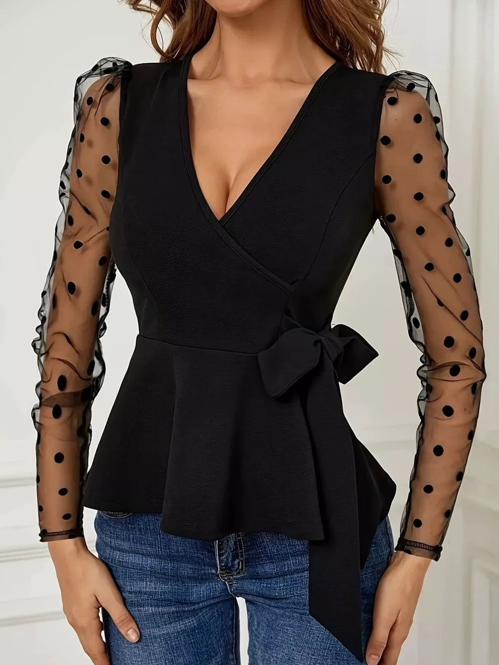 Black Polka Dot Mesh Sleeve Wrap Top