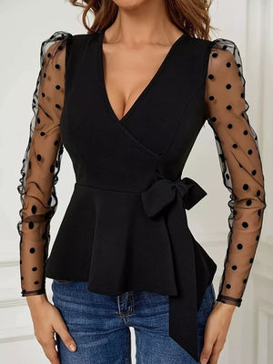 Black Polka Dot Mesh Sleeve Wrap Top