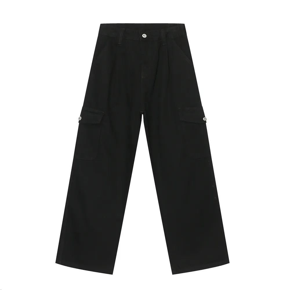 Black wide-leg cargo trousers with front pleats and button-flap side pockets.