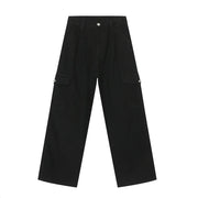 Black wide-leg cargo trousers with front pleats and button-flap side pockets.