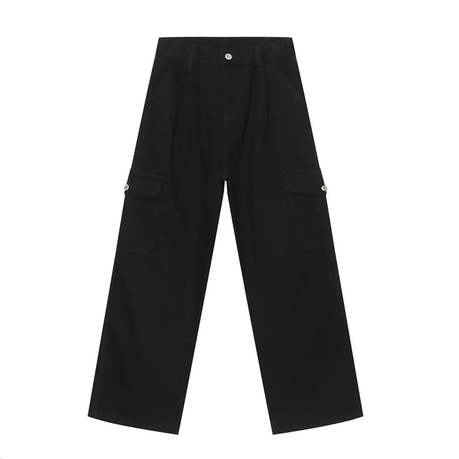 Black wide-leg cargo trousers with front pleats and button-flap side pockets.