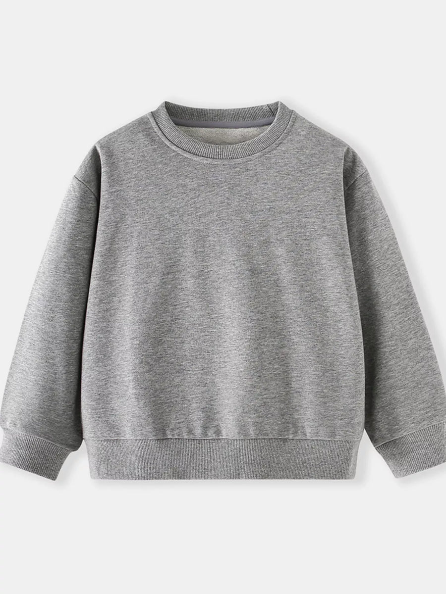 Gray crew-neck sweatshirt for kids, long sleeves, ribbed cuffs and hem