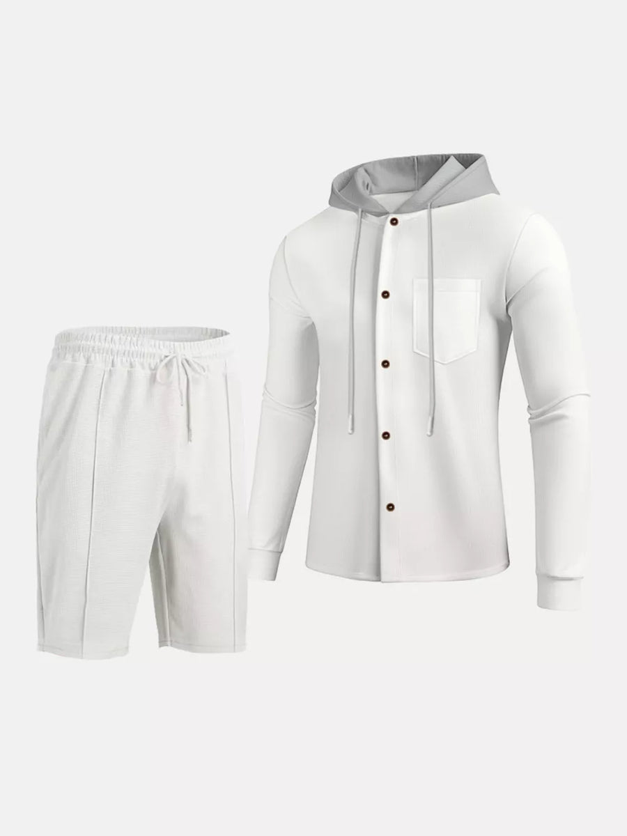 Men's Casual Hooded Button-up Shirt And Shorts Set in Black