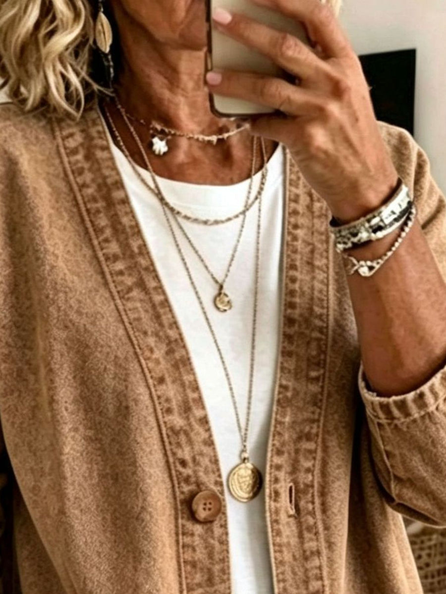 classic denim jacket in Camel with v-neck