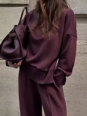burgundy lounge set with full-length and pullover