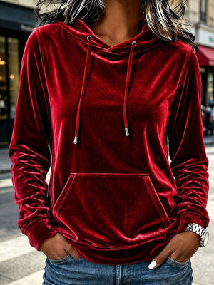 Burgundy pullover hoodie with hip-length and pullover