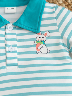Children's striped polo shirt with bunny graphic and turquoise collar.