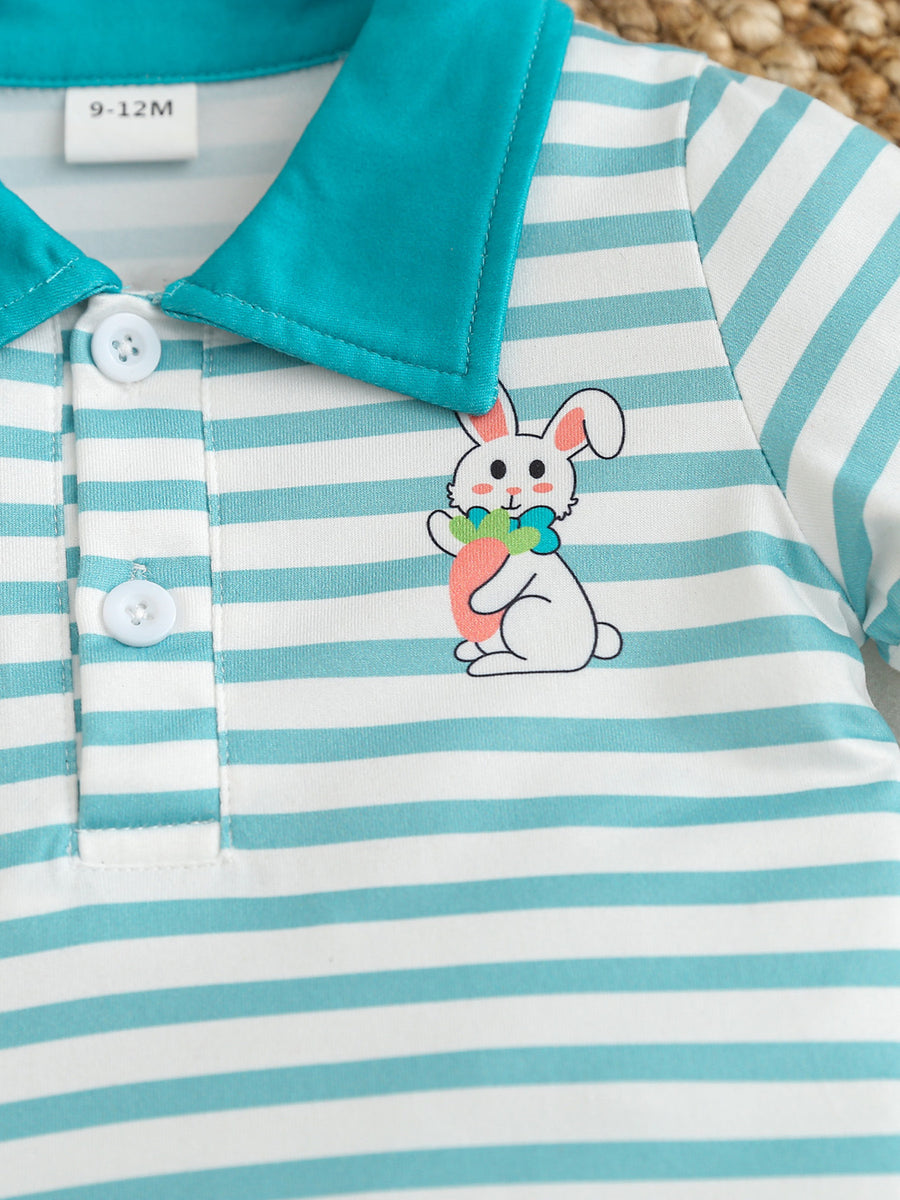 Children's striped polo shirt with bunny graphic and turquoise collar.