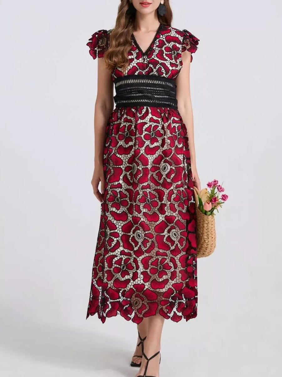 Burgundy floral lace midi dress with V-neck, cap sleeves, and black waistband.