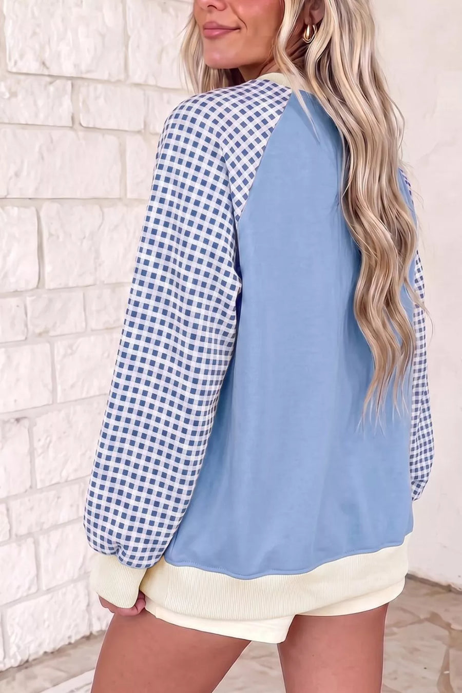Plaid Raglan Sleeve Sweatshirt in Light Blue