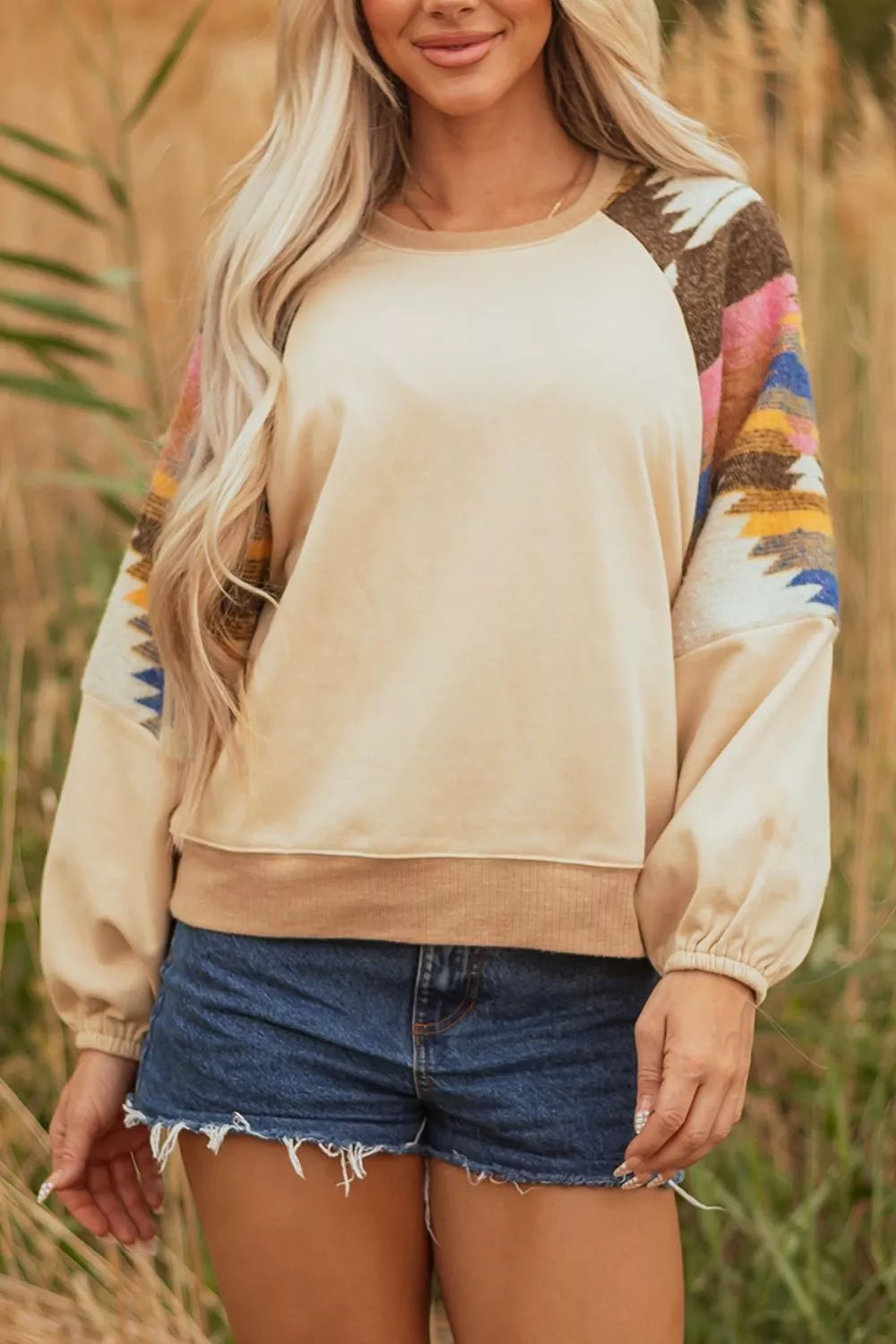 Sequined Rodeo Graphic Aztec Bubble Sleeve Sweatshirt