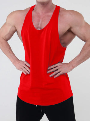 Red scoop neck workout tank top with a relaxed fit and curved hem.